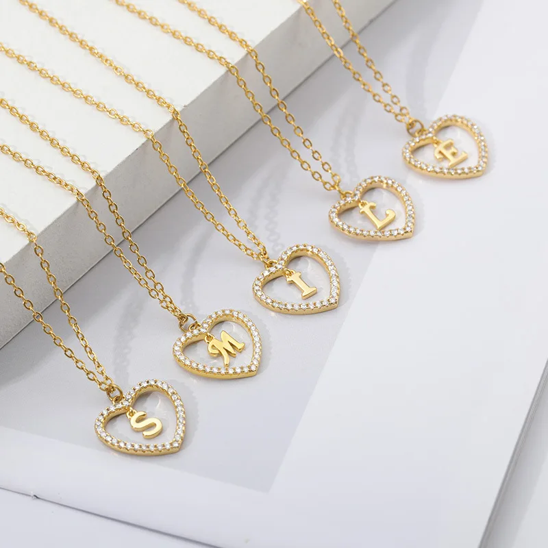 Letter Necklace 26 Gold Copper Zircon Heart For Women Jewelry 
