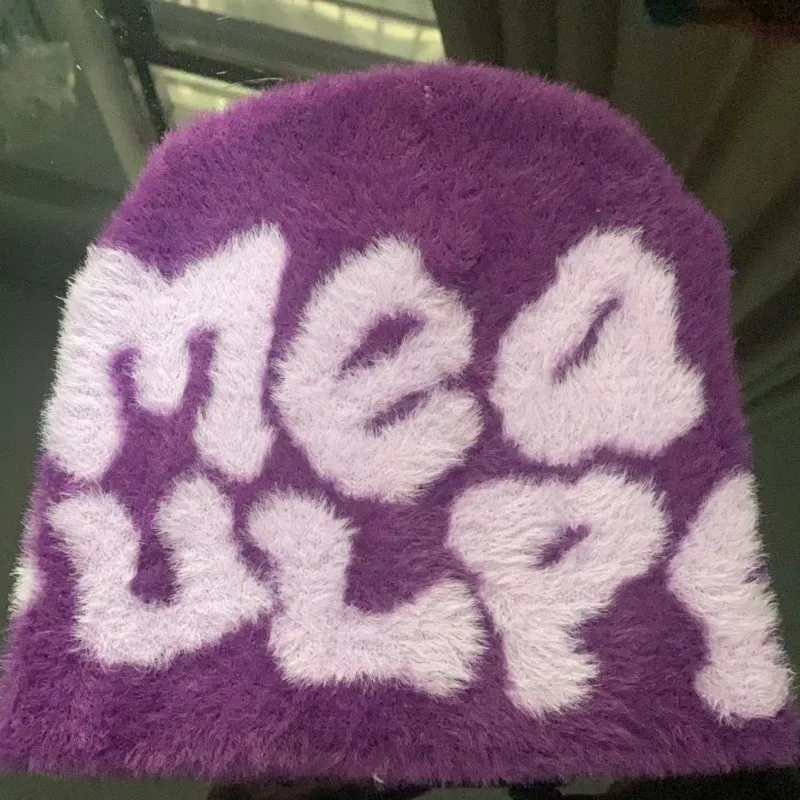 2023 Custom Logo Plush Jacquard Beanie Hats Furry Fuzzy Knitting Beanie for Autumn Winter Travel Mohair Hat