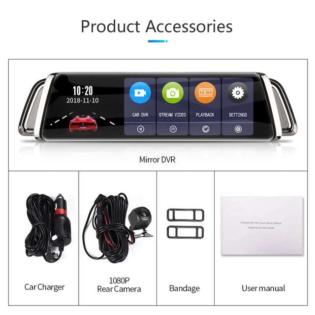 10 Full touch screen dash cams Android rearview mirror 4 cameras Panoramic  DVR