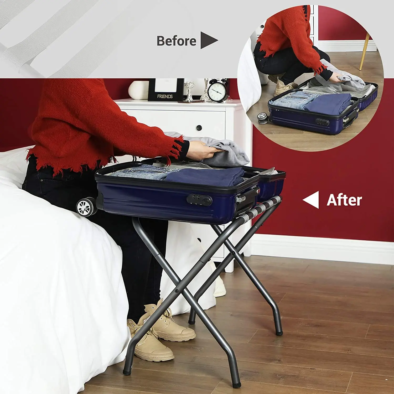 Bamboo Luggage Rack With Shelf Wooden Folding Luggage Rack For Guest