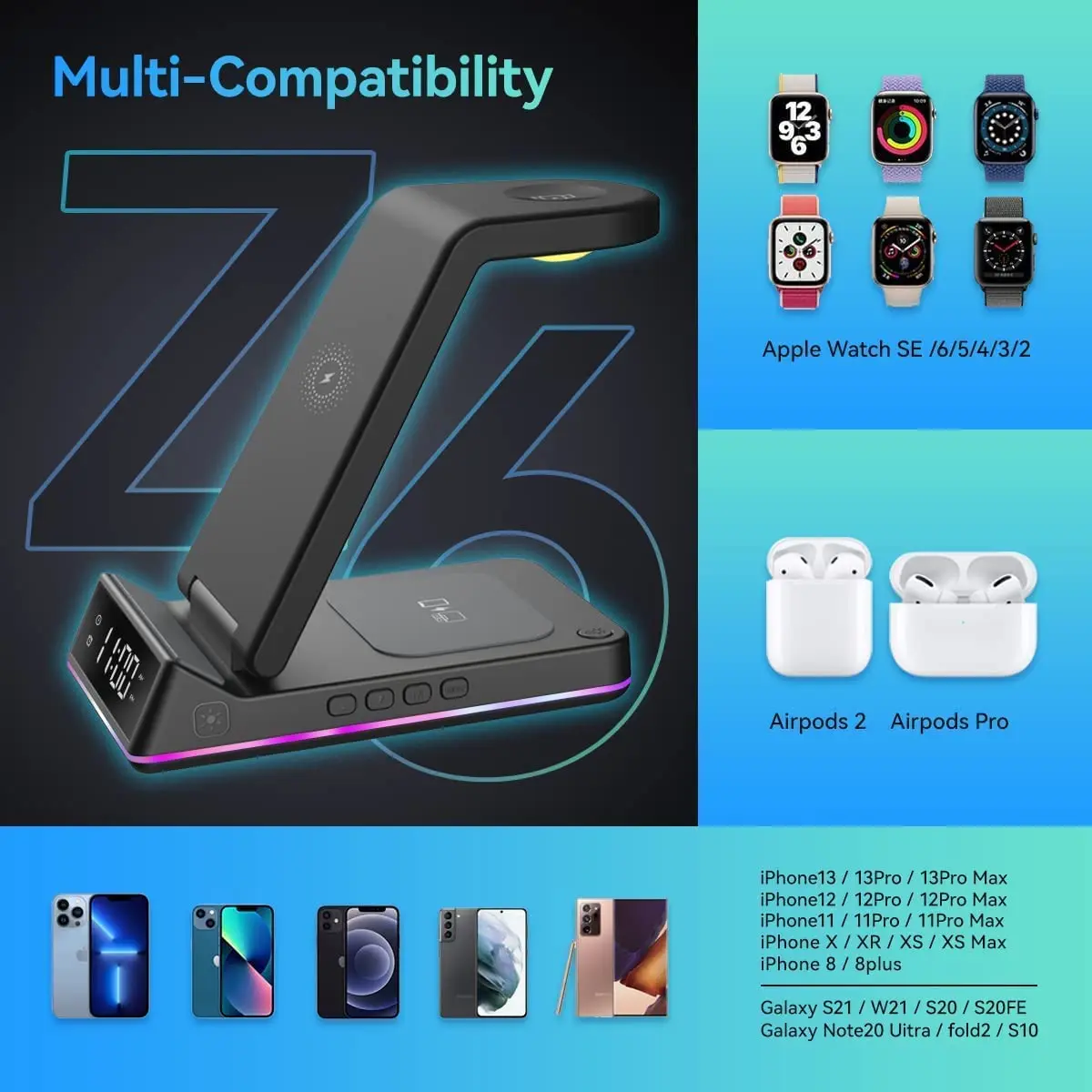 Wholesale Qi 5 In 1 Wireless Charger With Alarm/clock/night Light For