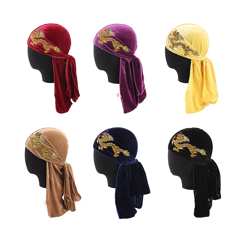 Men Velvet Chinese Dragon Turban Durag Hair Loss Hat Headwear