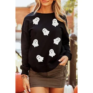 2026 Autumn New Women's European American Fashion Pullover Long Sleeve Top Playful Letter Halloween Print Front Loose