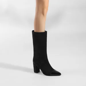 Moncheer Black Faux Suede Mid-Calf Boots with Patent Cap Toe & Rhinestone Block Heel Pointed Toe Boots