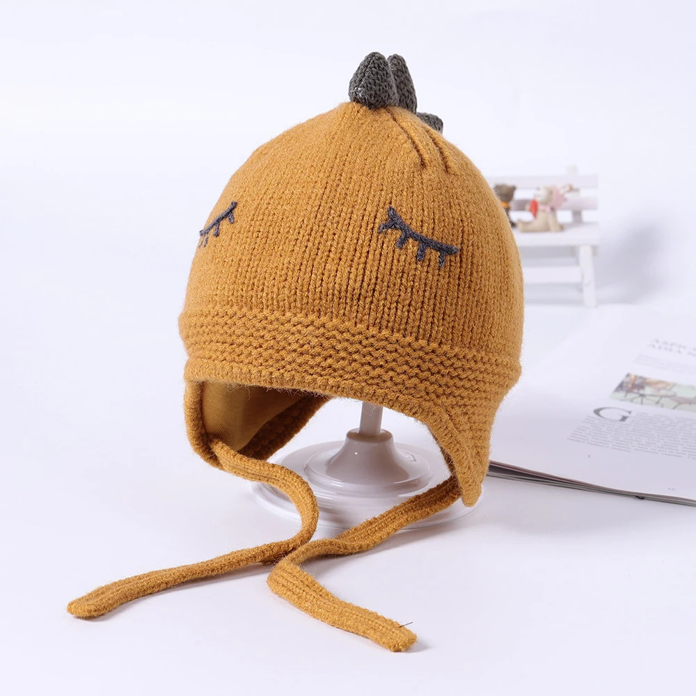 最新设计的儿童卡通恐龙形状男孩和女孩豆豆娃帽子婴儿套头帽宝宝冬天