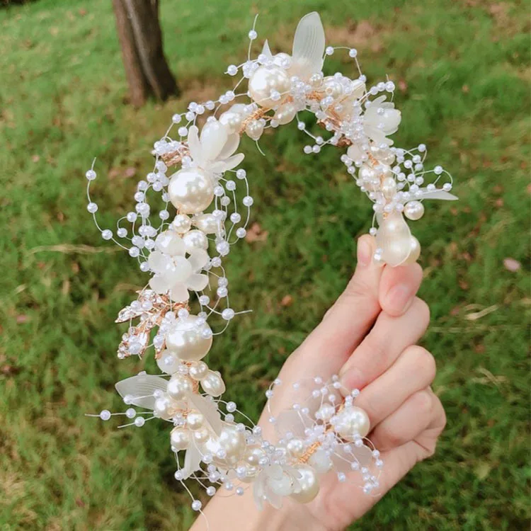 Pearl tiara crown party floral crystal hair accessories White Flower Hair Tiara, Floral Pearls Wedding Headband  main image 4