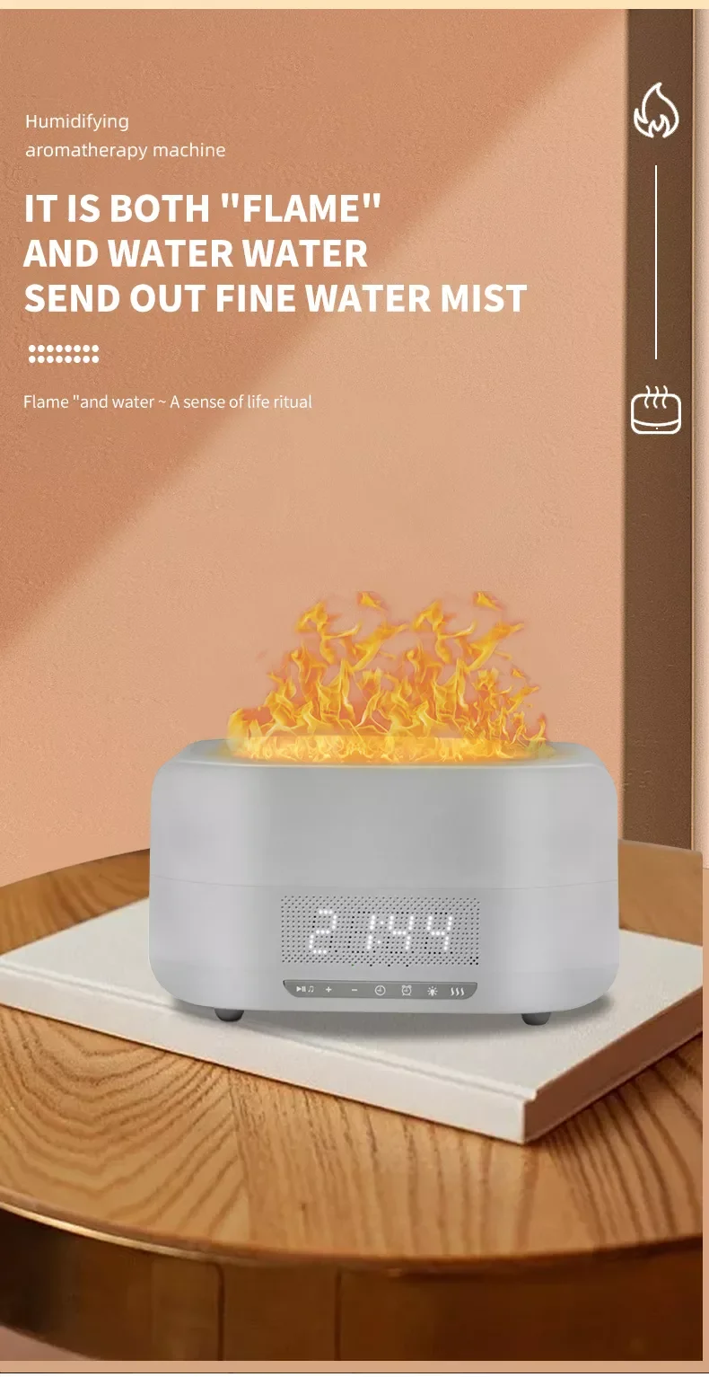 2023 Newest Powerful Functions Flame Humidifier Alarm Clock Wireless