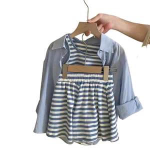 Cheap Children Clothes 2026 Spring Autumn Kids Clothing Wholesale Sunscreen Shirt Stripe Vest Shorts Three Piece Sets for Girls
