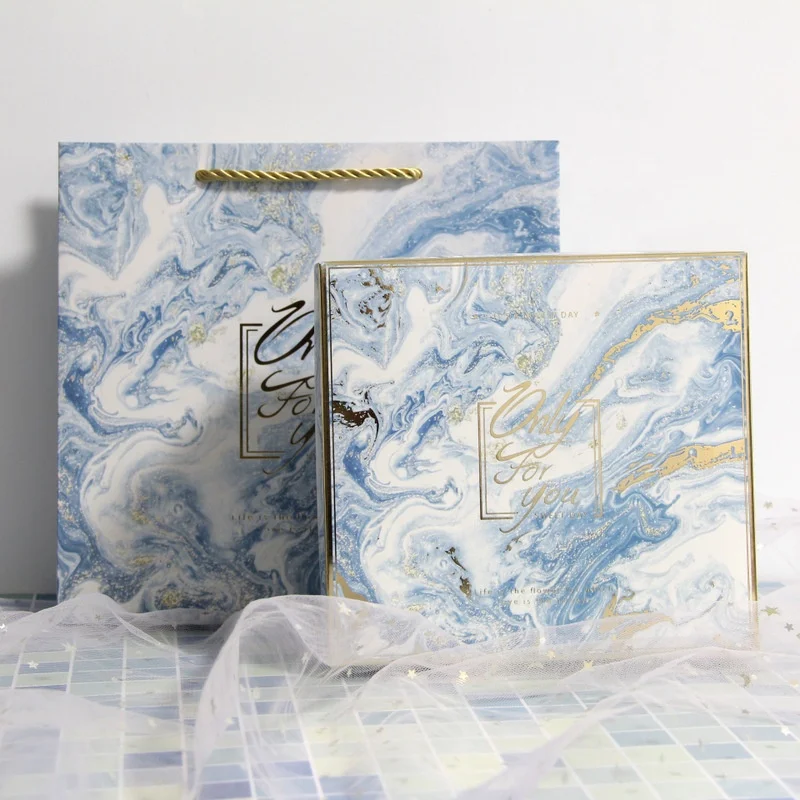 Luxury custom logo blue shipping design packaging lid and base marble paper gift box and bags