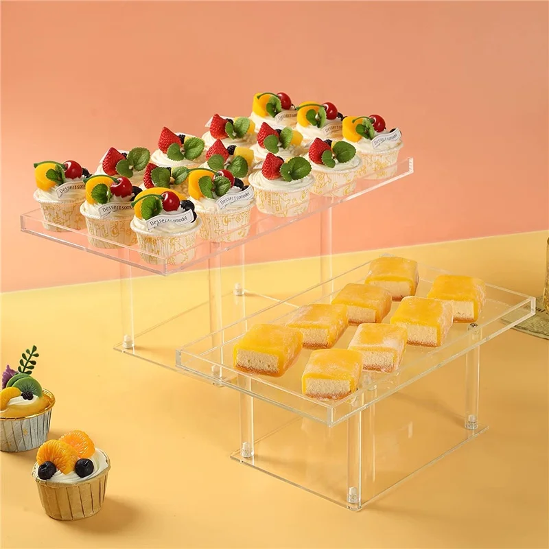 Set Da 2 Alzate Per Cupcake A 3 Livelli Lallisa - Piatti Da Dessert Quadrati In Plastica PP Rosa Sfumato Con Asta Dorata, Per Matrimoni, Feste E Baby Shower