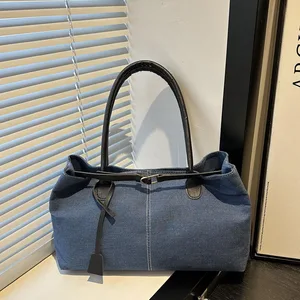 New Denim Messenger Bag for Women Casual Large Capacity Shoulder Handbag with Pu Leather Strap Market  Hot