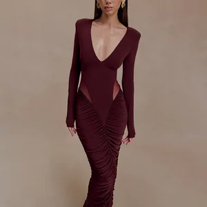 New Deep V-Neck Sexy Pleated Hollow Out Dress Fashion Hot-Selling Elegant Bodycon Long Dress for Women