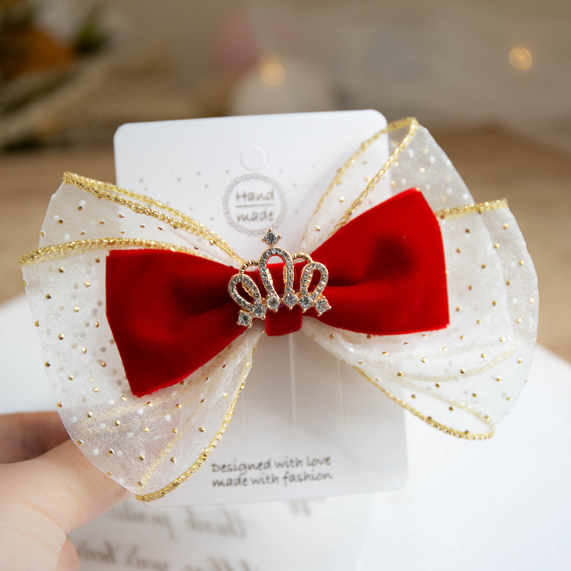 New Years Red Velvet Gauze Hair Bow Clip With Rhinestone  display picture 3