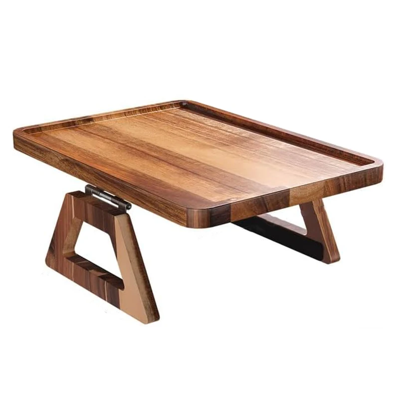 product wholesale foldable acacia wood lacquer eco friendly multi purpose sofa armrest table with cup holder for drinks  snacks-6