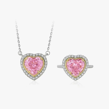 S925 Sterling silver love necklace Women's ice flower cut stone powder heart zircon necklace ring set jewelry set