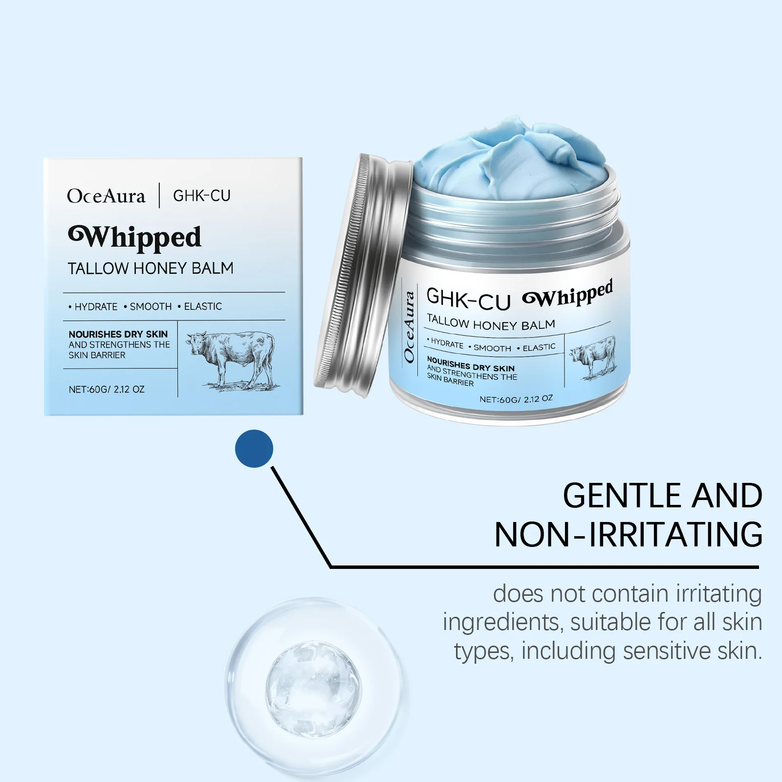 Private Label GHK-CU Blue Whipped Beef Tallow and Honey Balm Skin Care Face Cream Collagen Organic Moisturizer