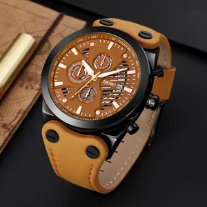 Fashion Men's Luxury Skmei 9282 Quartz Watch Genuine Leather Strap Multi-Dial Sport Waterproof Glass Dial Retro