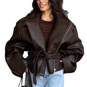 Winter Women's Short  Jacket with Single Covered Button Closure Warm Fluffy American Motorcycle Style