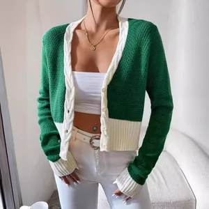 Women's Green Cropped Long Sleeve Knitted Sweater Coat V-Neck Fried Dough Twists Casual Style Front Logo Short Length Winter