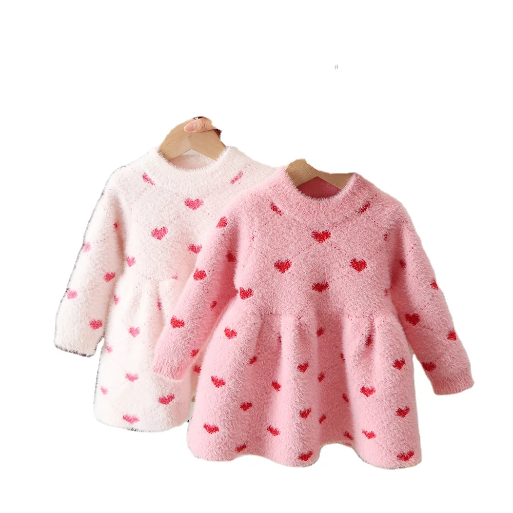 2024 Valentine Girls Mink Fleece Dresses Long Sleeve Sweetheart