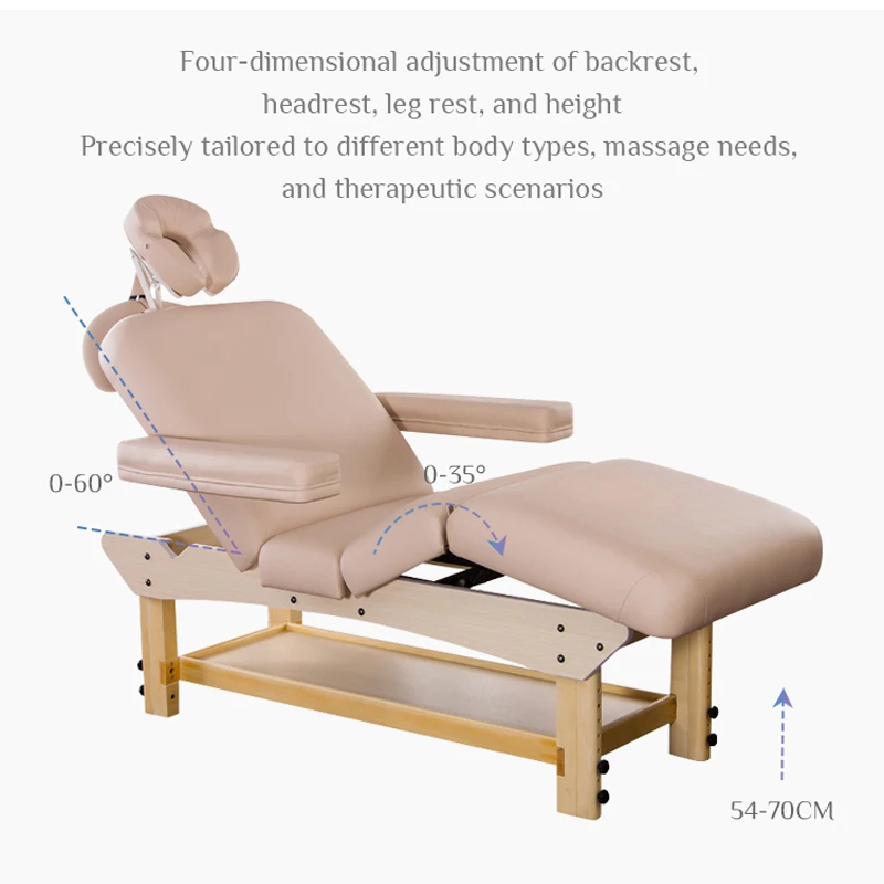 Chinese Style Wooden Massage Table with Large Storage Curved Lash Bed Height Adjustable Spa Bed for Salon Made of Solid Wood
