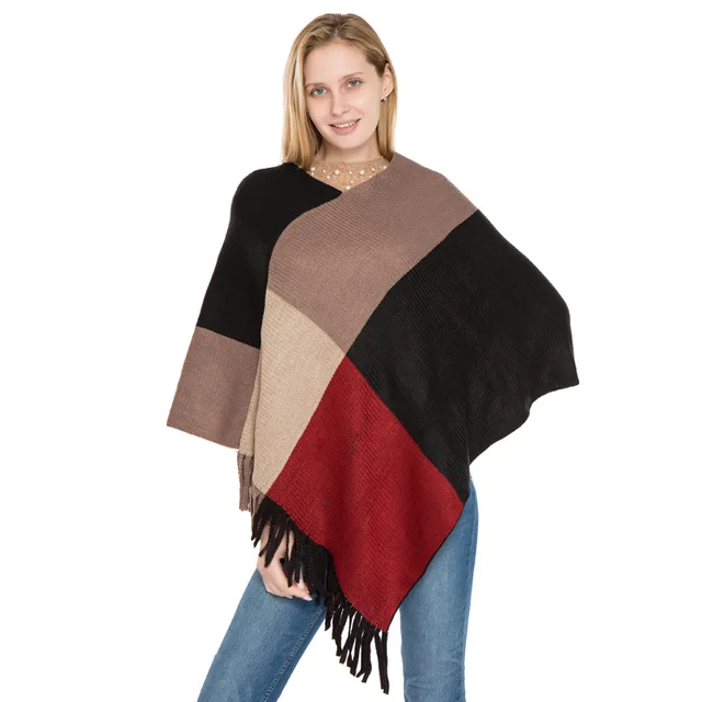 Wholesale Fashion Plaid Cape  Knitted Poncho With Tassel Autumn Winter Cashmere Poncho Scarves And Shawls For Women