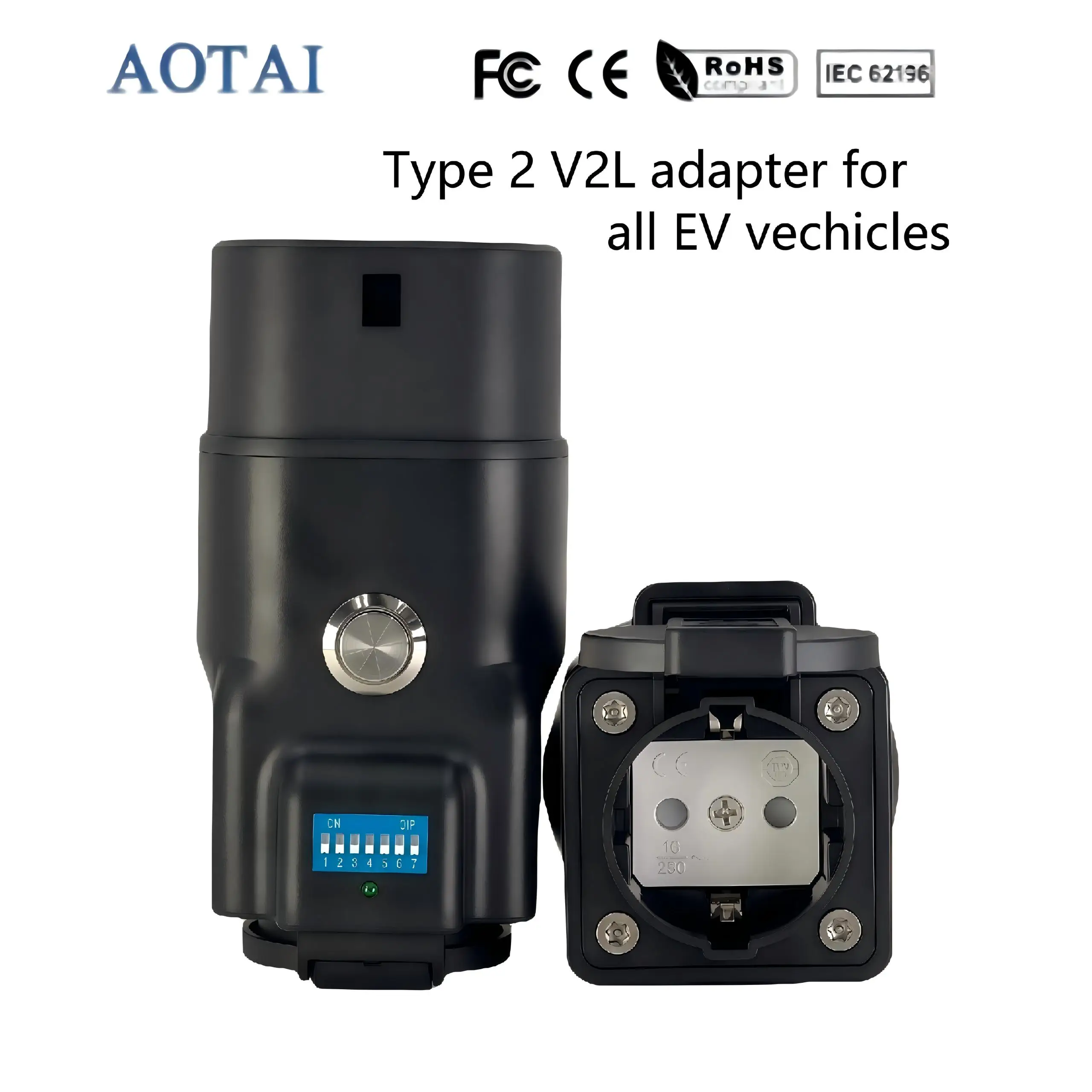 AOTAI New 7-Level Adjustable Resistance 16A 3.5kW Universal V2L Adapter Type 2 to Schuko for All EV Vehicles