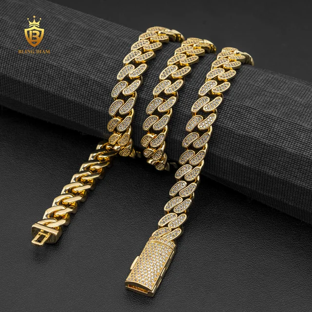 Custom hip hop jewelry 10.5mm brass cuban link hiphop chain 2 ROWS 5A+ CZ Diamond Mens Necklace