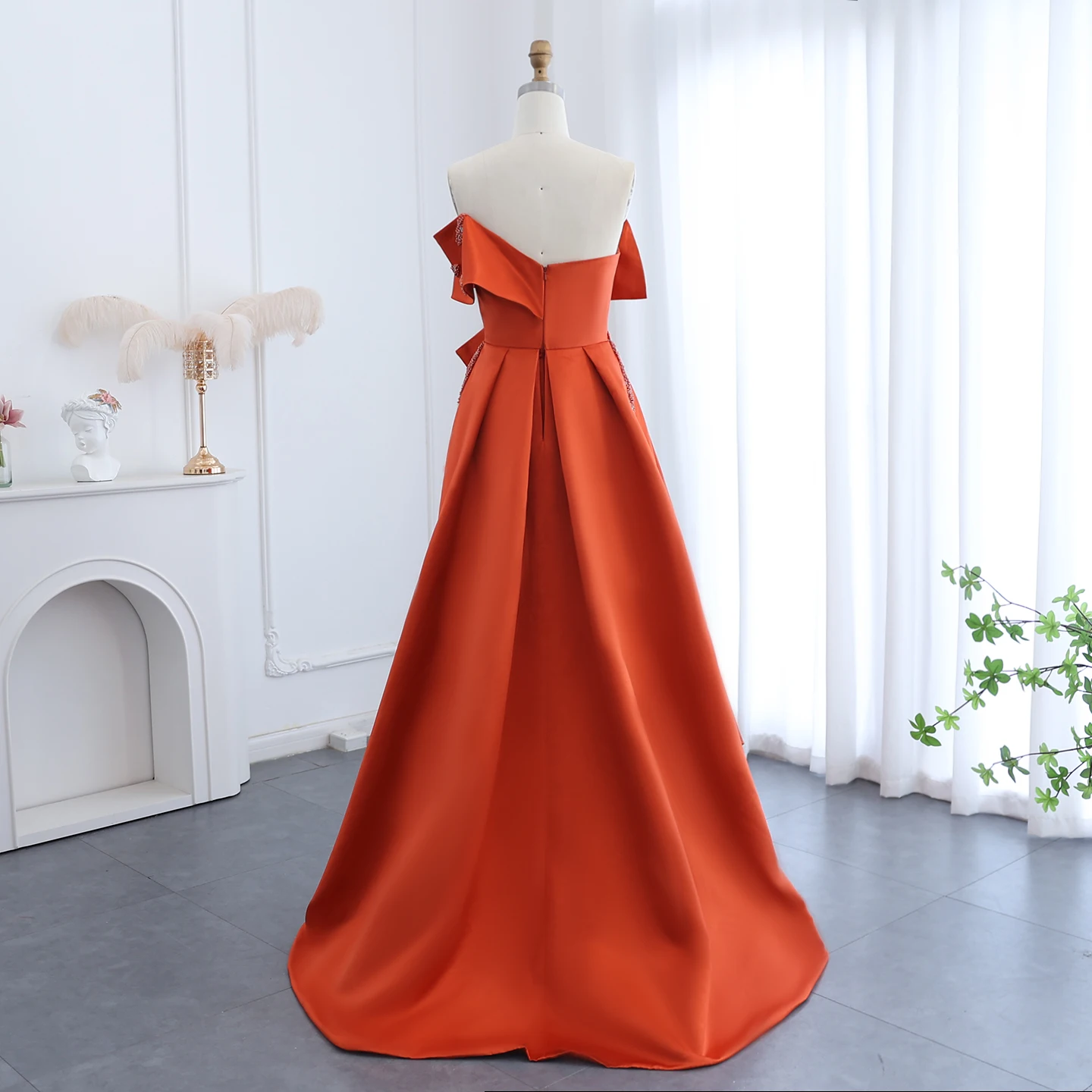 orange elegant evening dress Elegant Beaded Orange Off Shoulder Evening Dress SS571 – DreamyVow main image 1