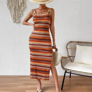 Women's Summer Maxi Dress Custom Clothing Brand Casual Colored Striped Sleeveless Square Collar Spandex Daily Dress