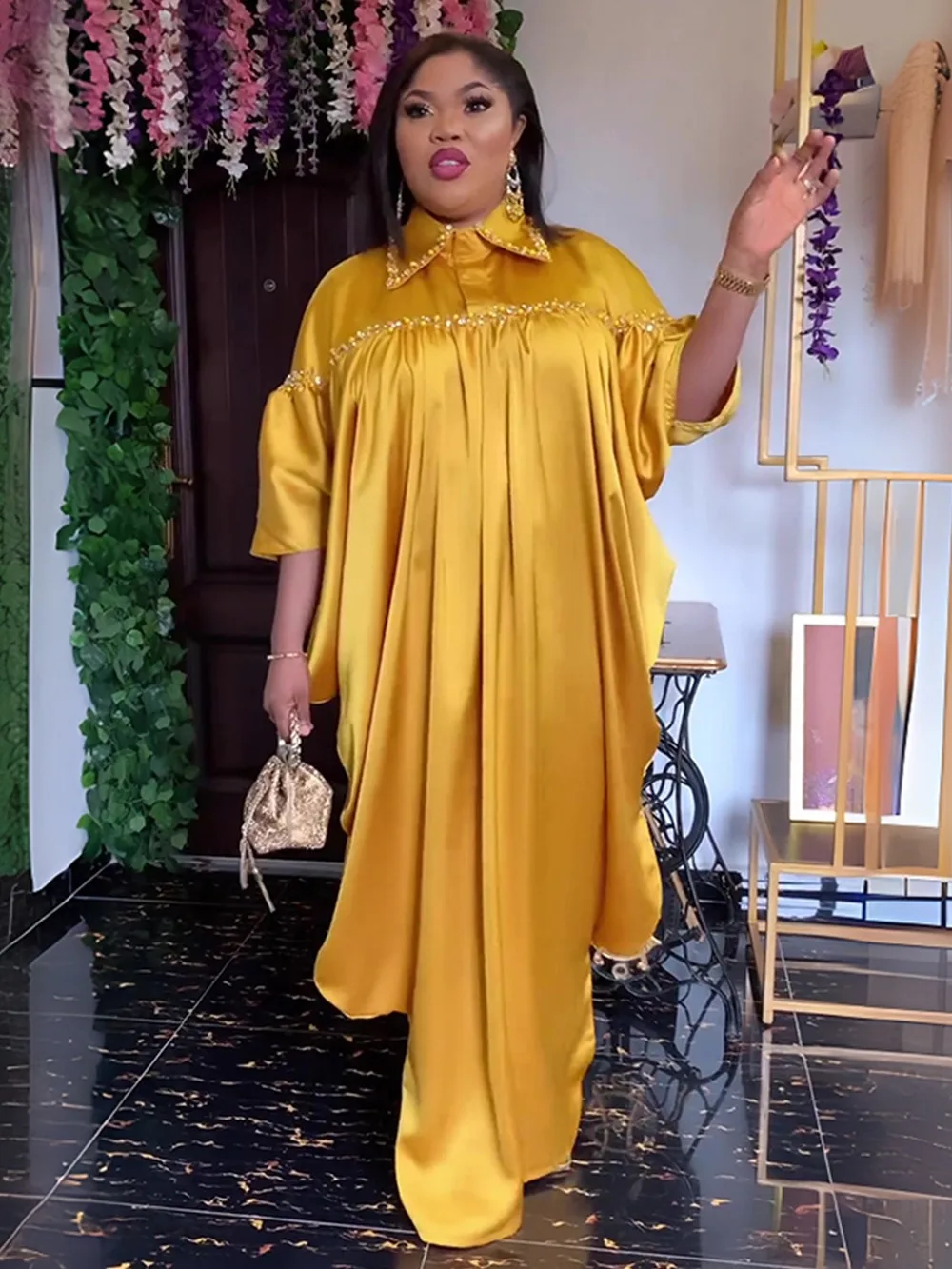 Wholesale Newest Fashion Elegant Casual Dress Batwing Hort Leeves Front Beaded Hining Olid Color Dresses for Women K0568,2 Pieces