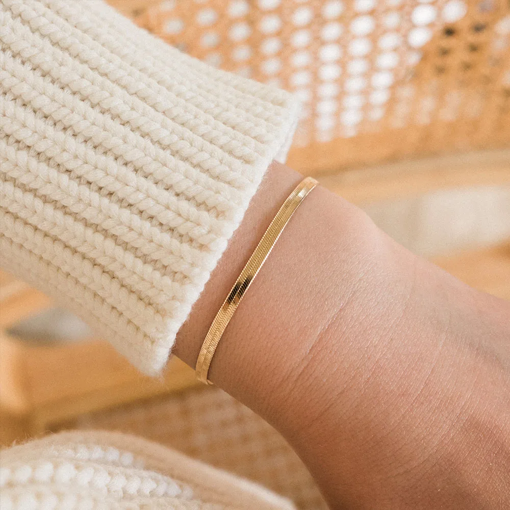 EManco Trendy Classic 14K Gold Plated Stainless Steel Thin Flat Snake Chain Bracelet for Women Gift Jewelry