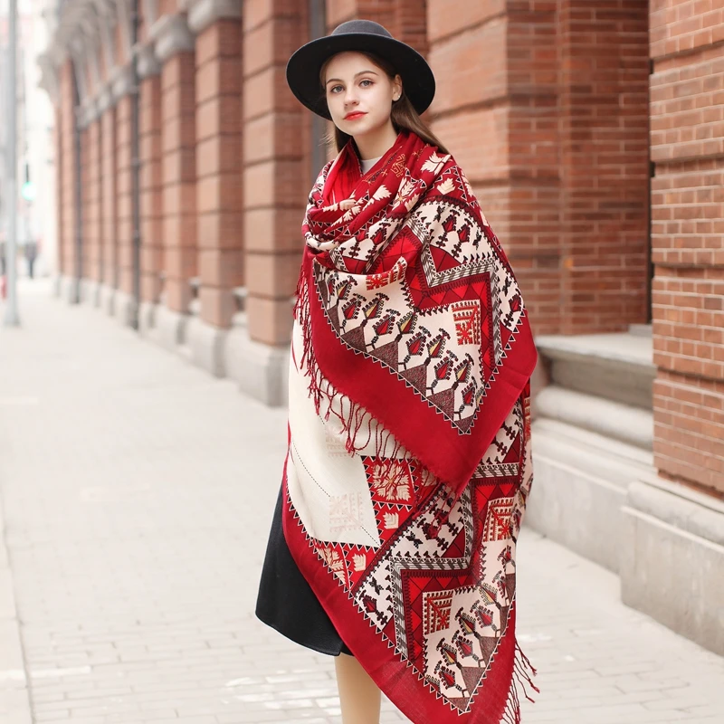 Red Geometric Design Merino Wool Extra Large Scarf Shawl Wrap for Women Winter Oversized Floral Blanket