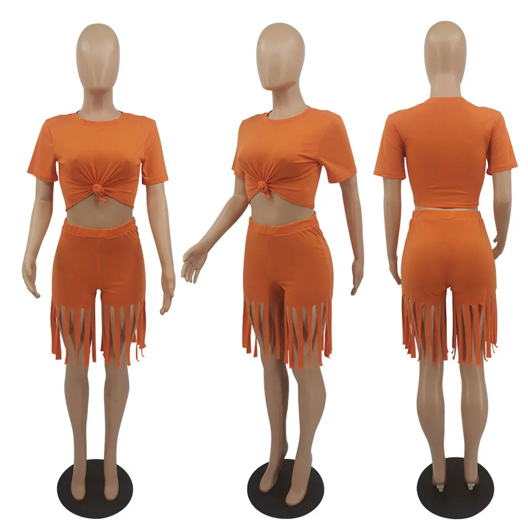 Plus Size Women's Sets T Shirt And Tassel Shorts Set Summer Plus Size