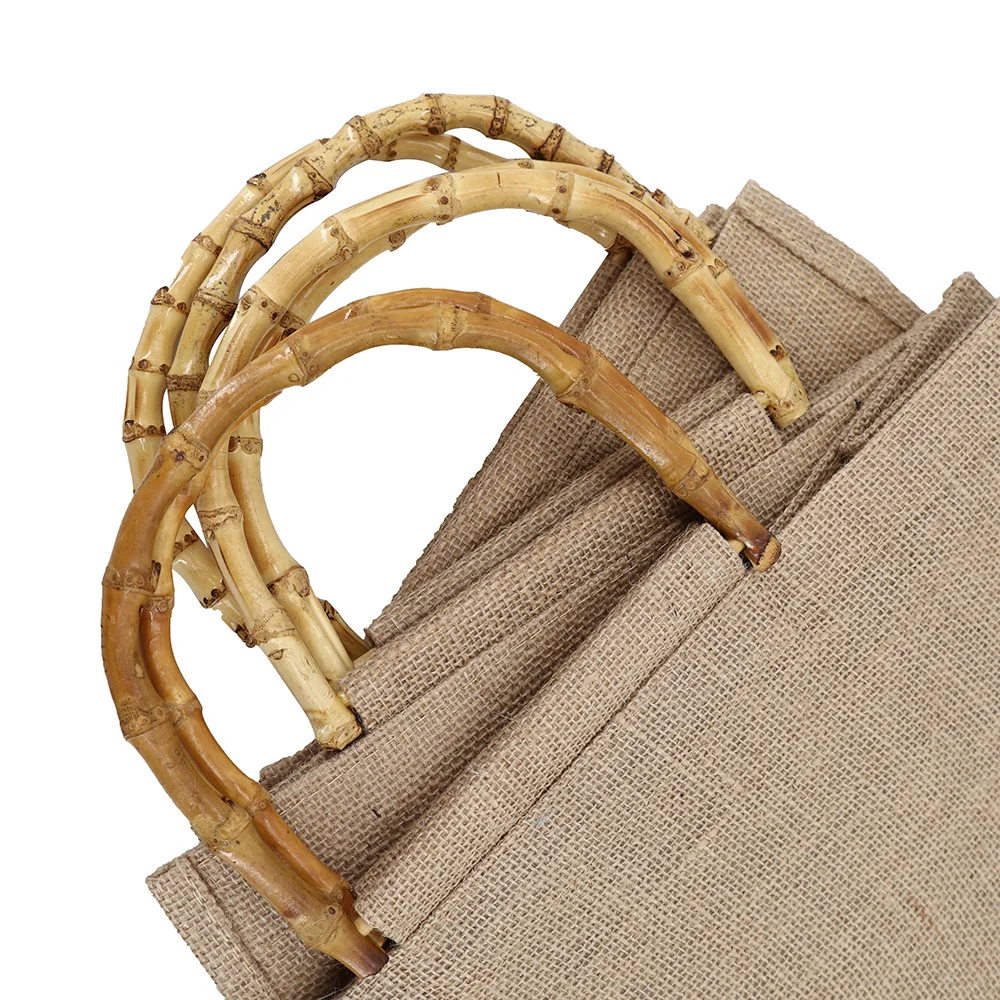Wholesale Eco Friendly Burlap Jute Wine Tote Bag with Bamboo Handle