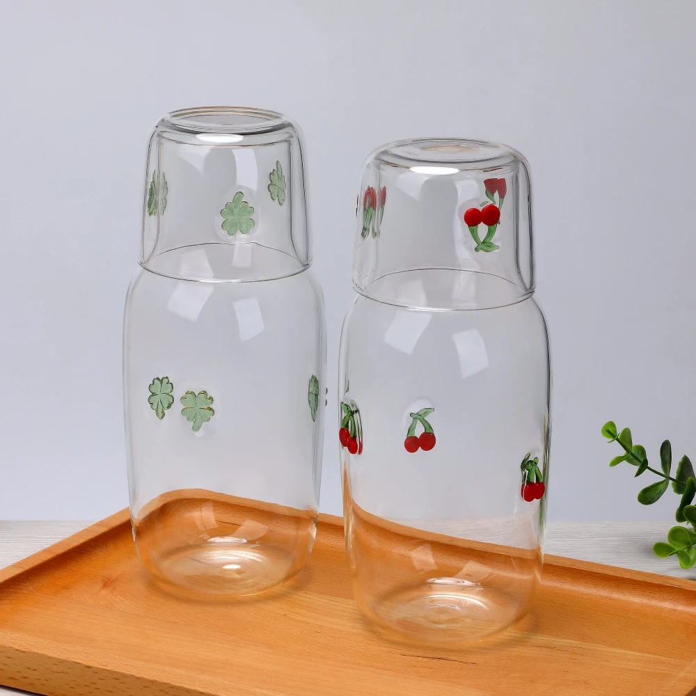 Icon Heat Cold Resistant Bedside Night Borosilicate Glass Juice Water Bottle Carafe En Verre Pitcher Jug Sets with Tumbler Cup