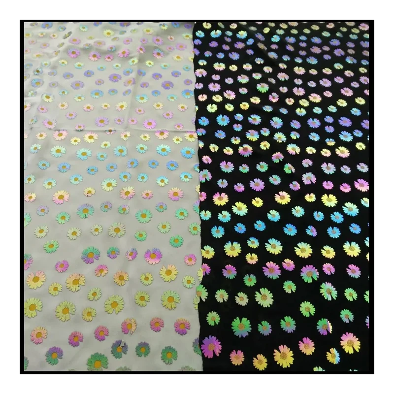Black rainbow Colored Reflecting Colorful Sun Flower Print High Light Retro Reflective Polyester Spandex Fabric for Clothing