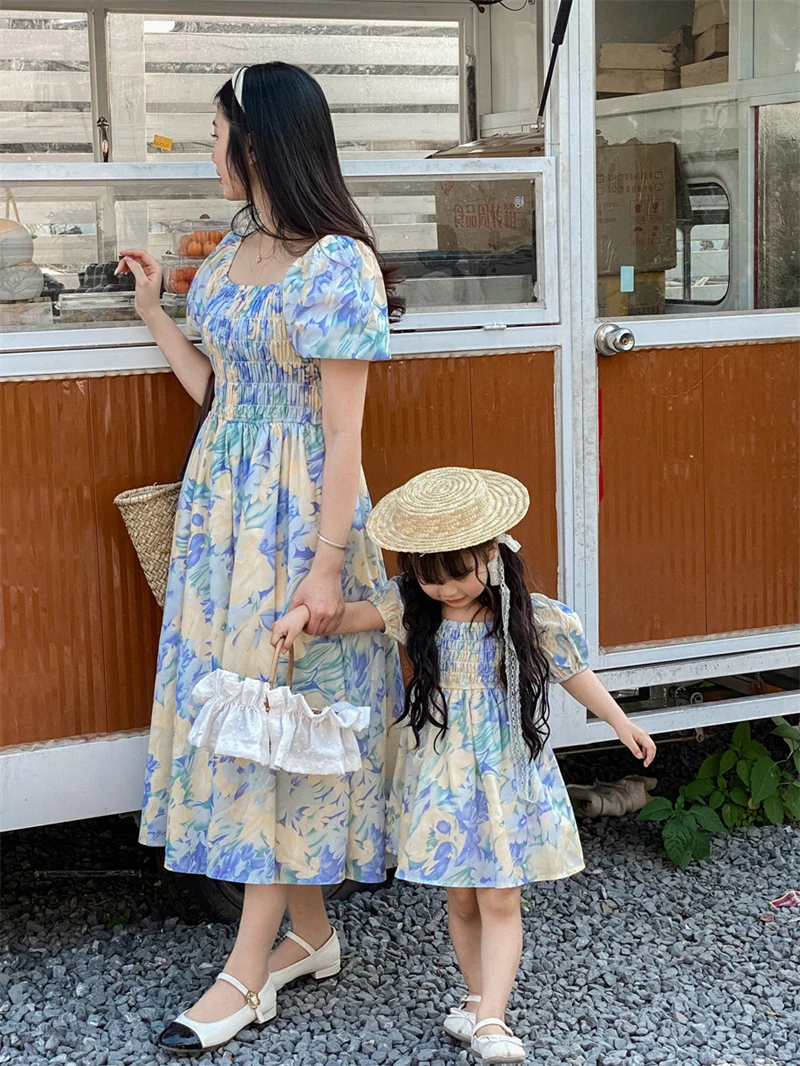 white christmas dresses SAYA's Printed Cotton Jacquard Stitched Mom And Daughter – SAYA USA main image 1