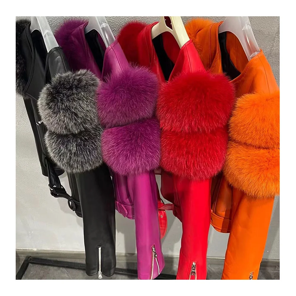 STRAWBERRY New Arrive Design Short Style Leather Fur Jacket Warm Fox Fur Coat for Women