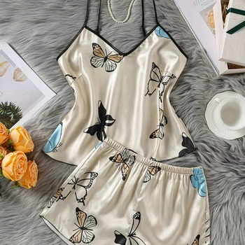 Women's Fashionable Chiffon Satin Sleepwear Set Breathable Home Wear Elastic Waist Soft Summer Nights Printed Animal Pajamas ODM