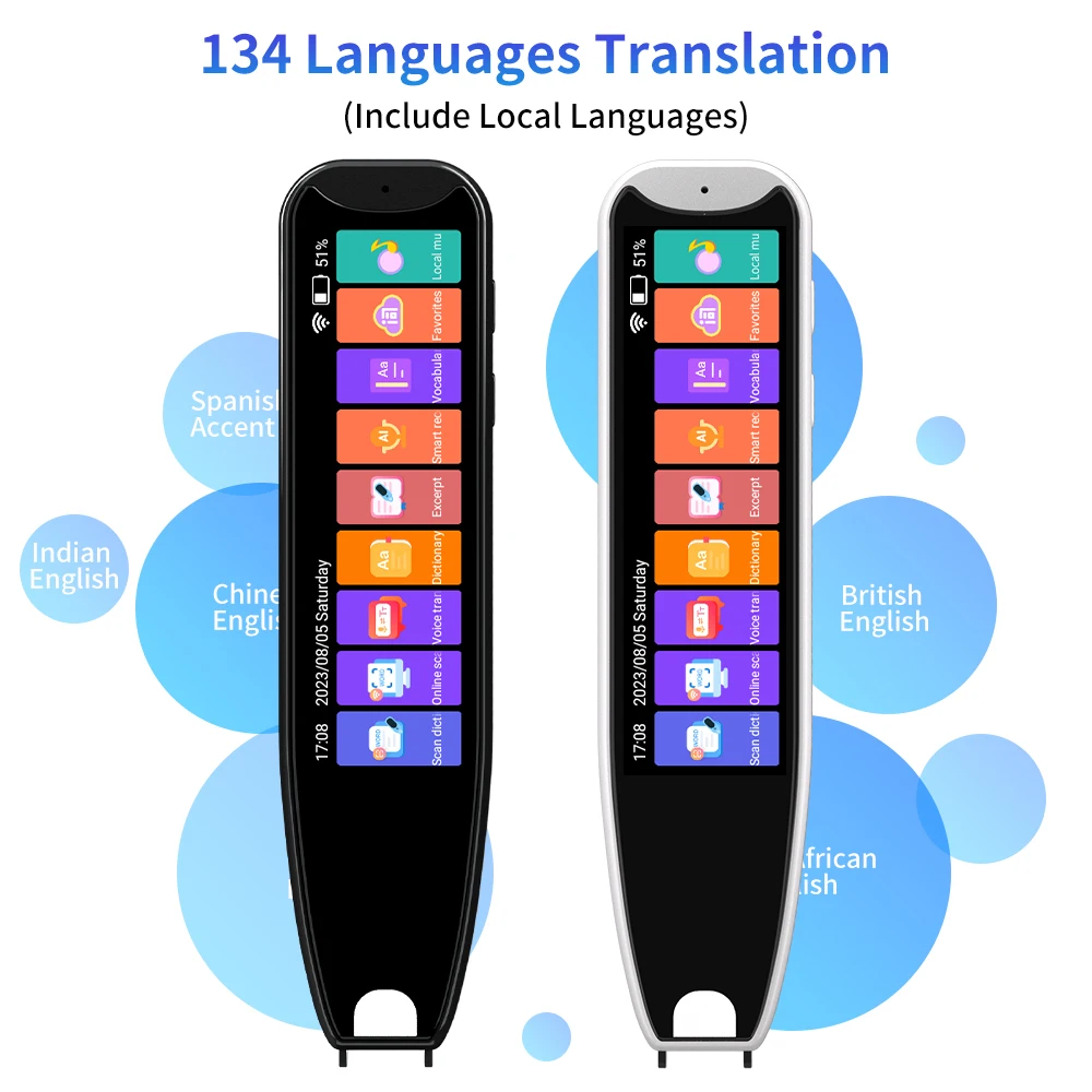 Smart Mini Translator Pen IPS Display Wi-Fi Enabled 134-Language Support Electronic Dictionary Recording Function White+Black