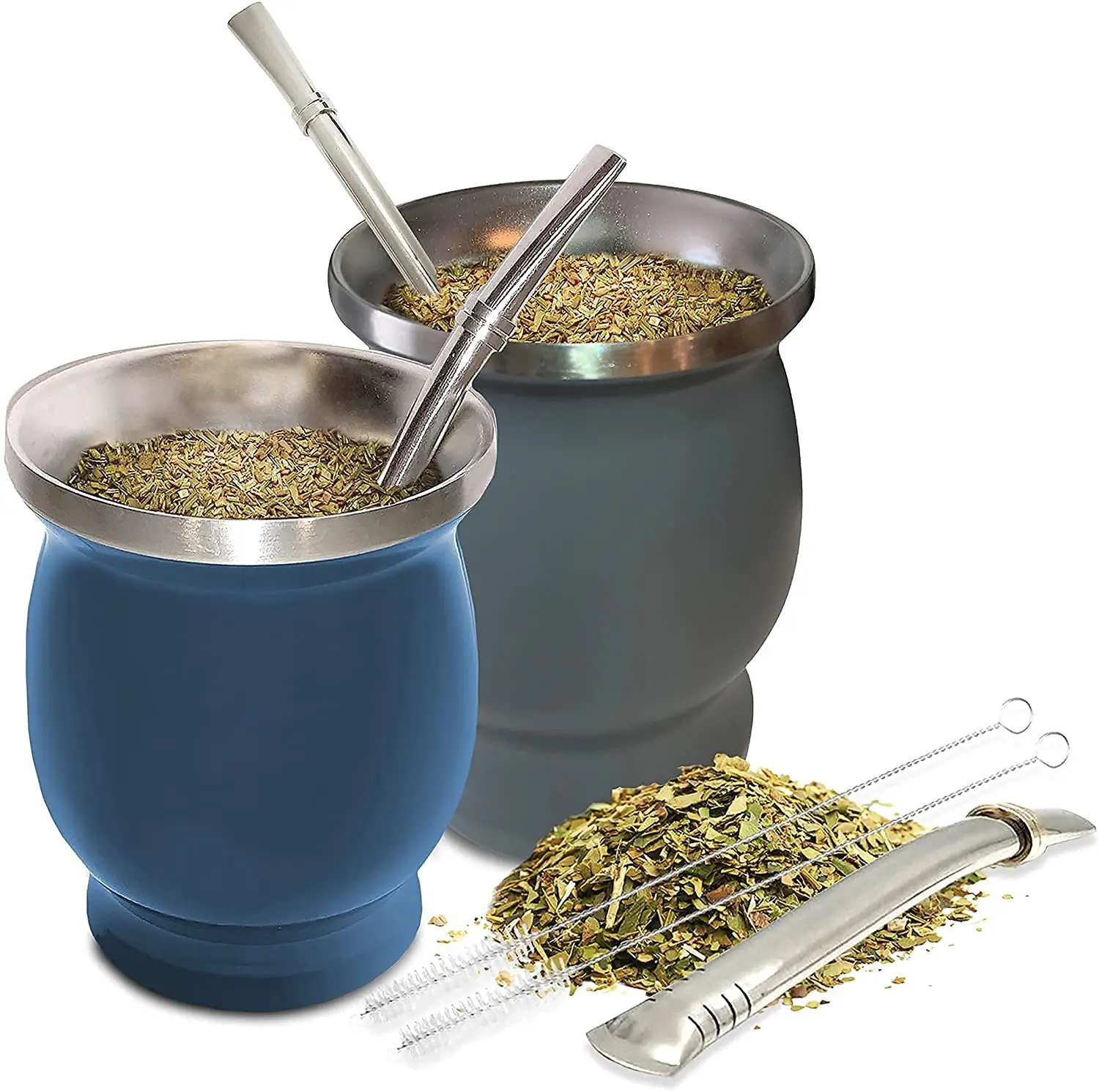 BALIBETOV 5 pcs large Yerba Mate Cup and Bombilla Kit, Includes one 12 oz  Yerba Mate Gourd with Lid, Two Bombillas Mate Straw and one cleaning brush  