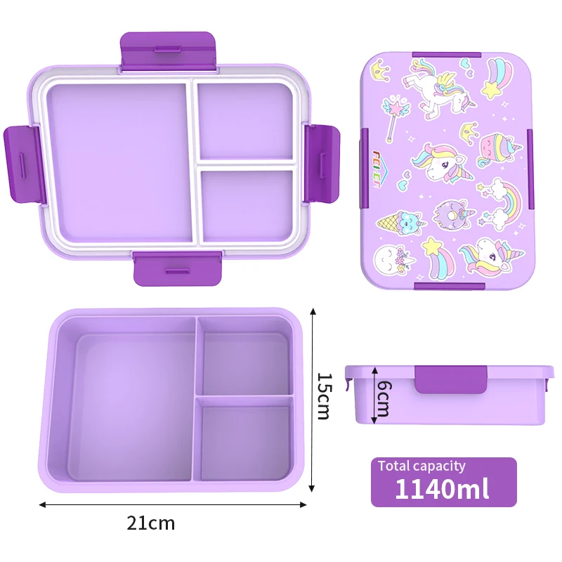 product-1-1 Aohea Hot Food Container Plastic Bento Lunch Box for Children Rectangular 4 Button 3 Compartment PP Lunch Box