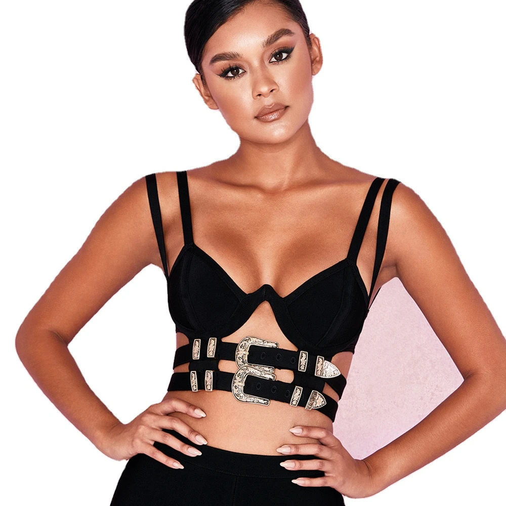 2020 Sexy Buttons  Bandage Bodycon Tops Black Sexy Short  Women's Tank Tops