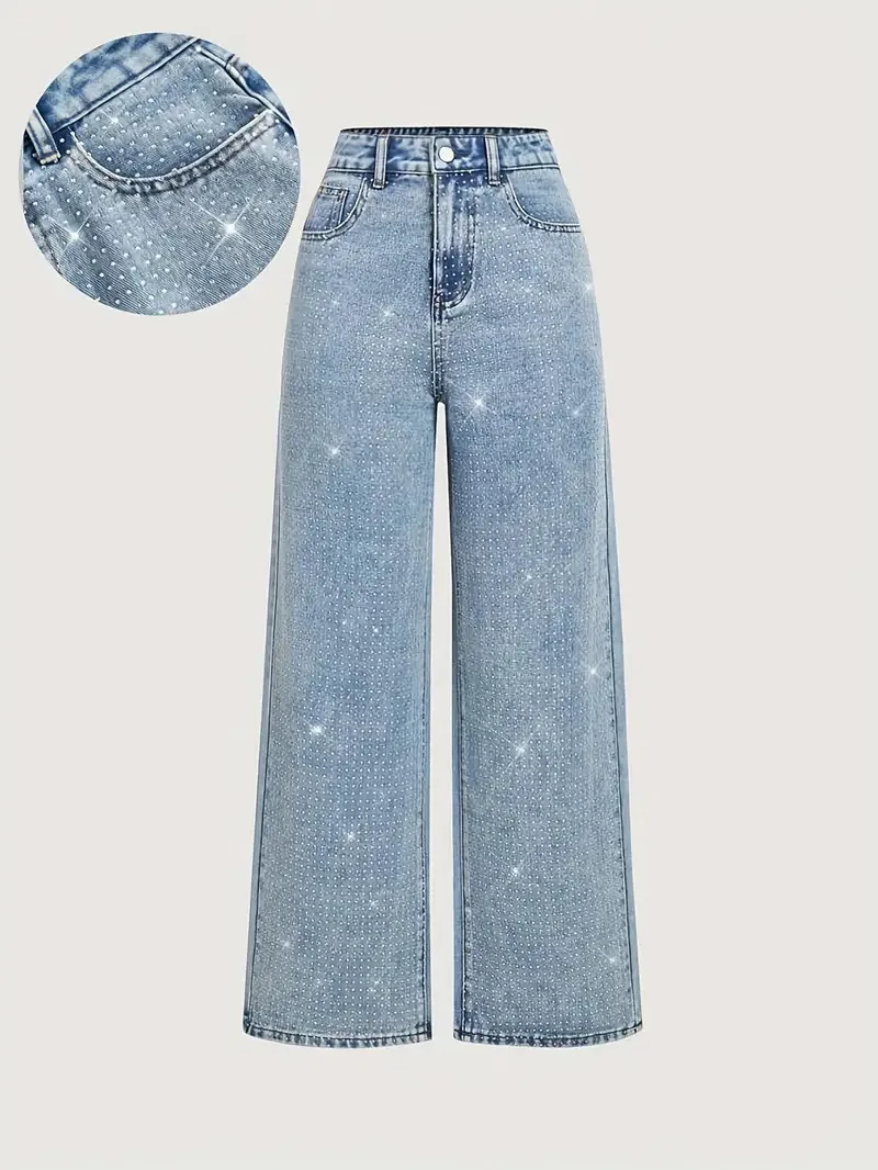 European American Foreign Trade Hot-Selling Polyester/Cotton Quick Dry Light Wash Jeans Fashion Rhinestone Jeans