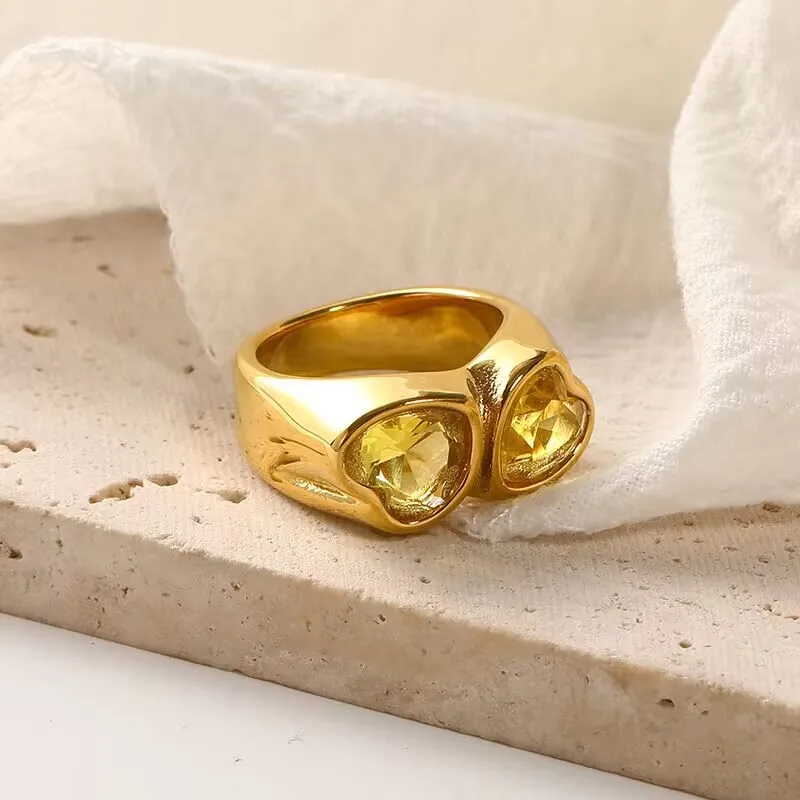 Elegant Stainless Steel Chunky Zircon Heart Ring Waterproof Rings 18k Gold Plated Chunky Double