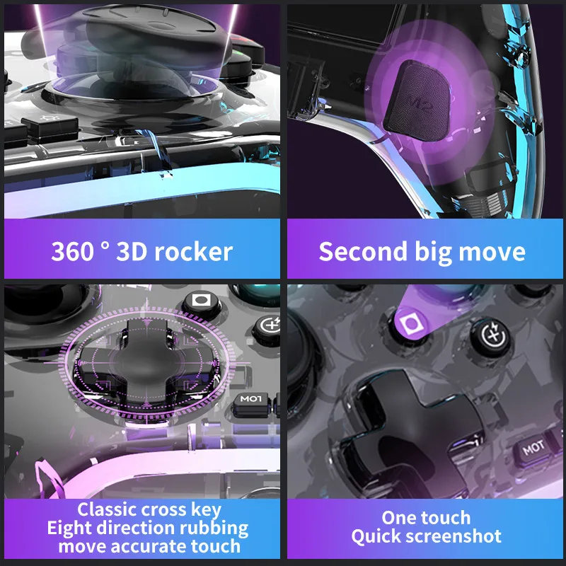 Transparent BT Wireless Game Controller for NS Switch with RGB Lighting Joystick Gamepad for Switch Pro PC Android TV Box