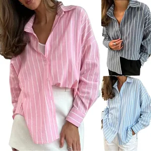 2026 Europe United States Cross-border Foreign Trade Autumn Winter New Long Sleeve Women's Striped Casual Shirt Loose Fit