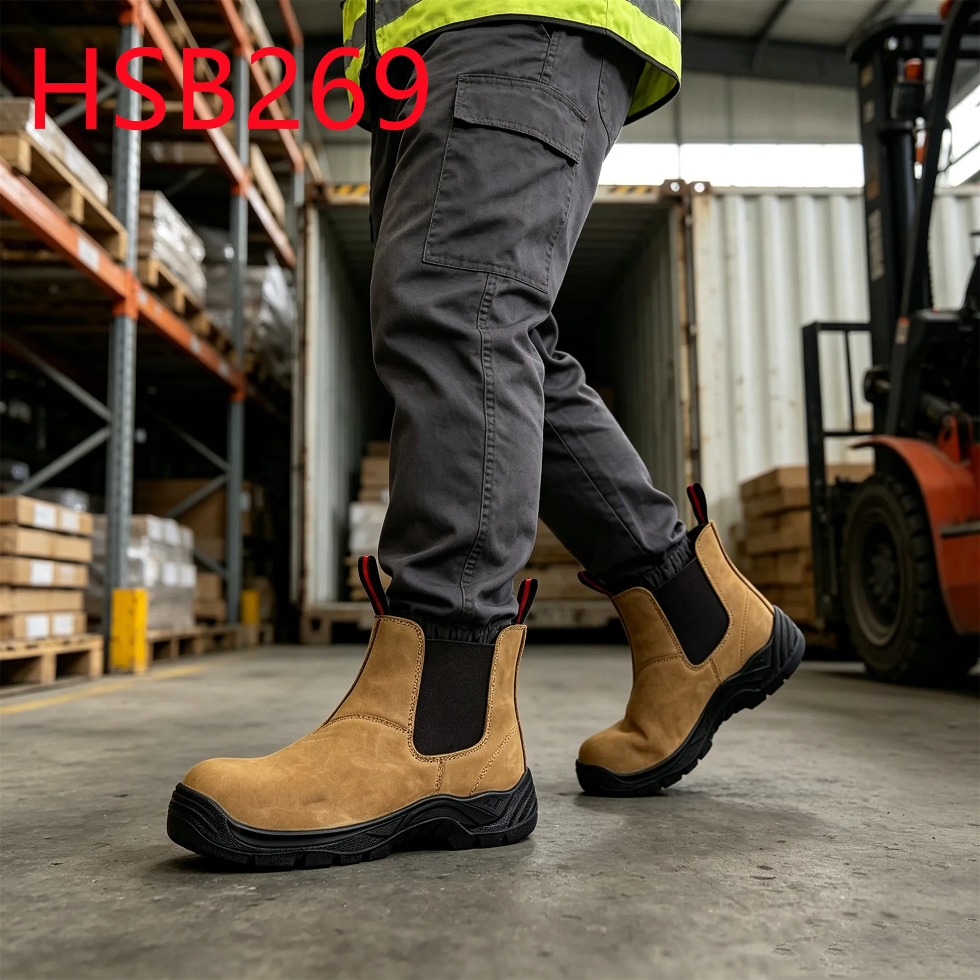 HY,Production Line High Stretch Elastic Band Hua Singh Safety Shoes Honey Color Nubuck Leather Pull-on Style Work Boots HSB269