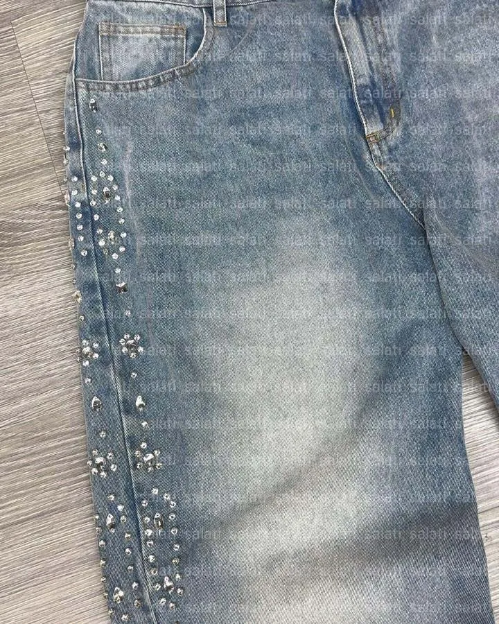 For Custom Glitter Oversized Mud Wash Cotton Vintage Distressed Rhinestone Straight Button High Waist Denim Jeans Men gallery 4